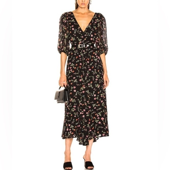 GANNI Elm Georgette Midi Dress Black/Pink Floral Size 2 - Picture 13 of 14